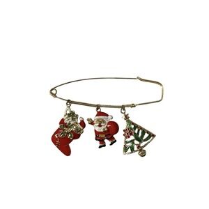 Vintage Gold Tone Enamel Christmas Santa Stocking Tree‎ Safety Pin Brooch Pin